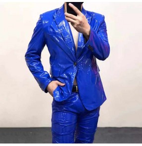 Men youth shiny leather Jazz dance blazers pink blue yellow nightclub bar singers host stage performance coats car model bodybuilding Catwalk model show jacket